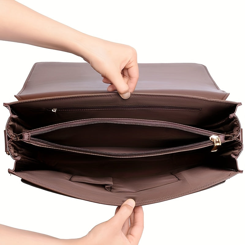 Light Brown Men's Business Briefcase | Synthetic Faux Leather, Adjustable Strap, Push Lock Closure, Rayon Lining