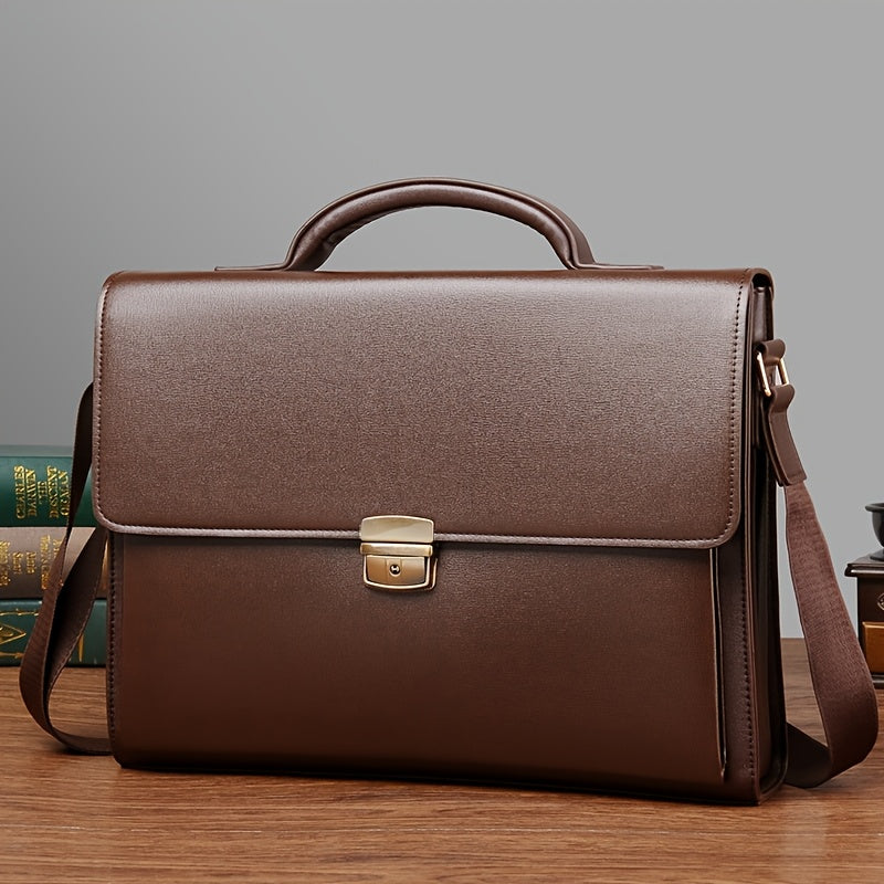 Light Brown Men's Business Briefcase | Synthetic Faux Leather, Adjustable Strap, Push Lock Closure, Rayon Lining