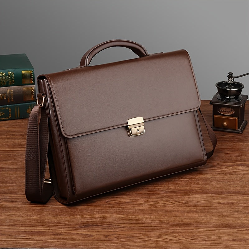 Light Brown Men's Business Briefcase | Synthetic Faux Leather, Adjustable Strap, Push Lock Closure, Rayon Lining