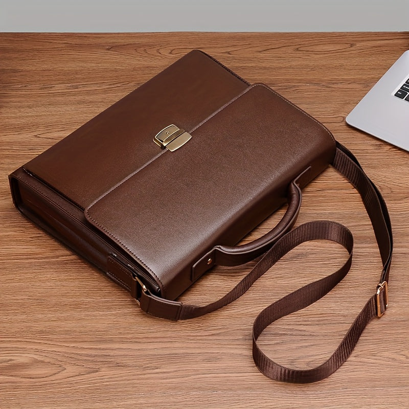 Light Brown Men's Business Briefcase | Synthetic Faux Leather, Adjustable Strap, Push Lock Closure, Rayon Lining